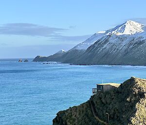 View from Wireless Hill at Macquarie Island - Hamshack Hut in foreground.