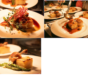 Three separate images of beautifully plated main courses on white dinner plates.