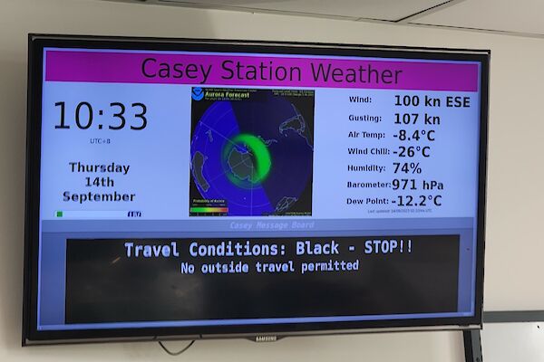 A television monitor displaying the wind speed and other weather data to expeditioners.