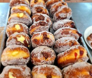 A tray of freshly made donuts filled with either custard, chocolate or jam and coated in sugar