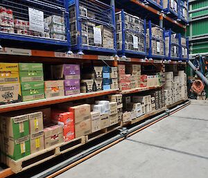 Large shelving units many metres high containing hundreds of boxes of food