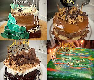 Four birthday cakes displaying 'Happy Birthday Rach', 'Happy Birthday Kyle', 'Happy Birthday Matt' and 'Happy Birthday Lord Nelson'.