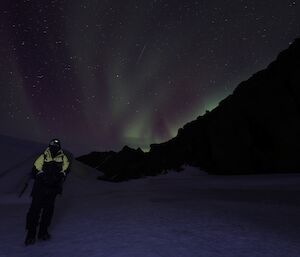 A woman is standing on a frozen lake. In the sky, the bright greens and purples of an aurora are visible.