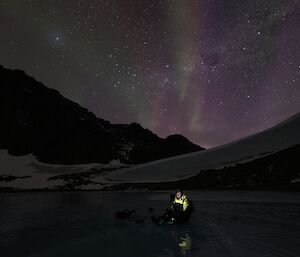 A man is setting up a camera on a tripod on a frozen lake. In the background rocky hills rise against the horizon and the bright greens and puples of an aurora are visible in the night sky against the stars.