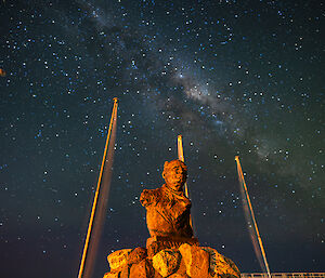 Above a bust of Sir Douglas Mawson, the Milky Way is visible in the night sky. There are four flag poles behind the bust.