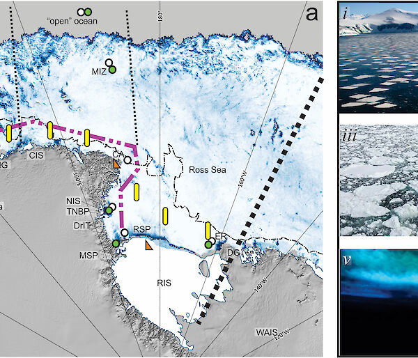 A map showing the location of a proposed observing system, and images showing different types of sea ice