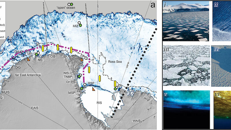 A map showing the location of a proposed observing system, and images showing different types of sea ice
