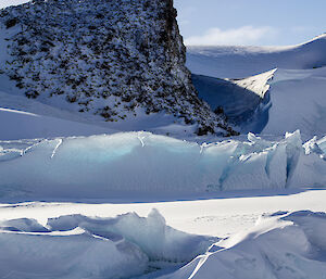 Cracked sea-ice pushed into vertical ridges as a result of tidal action. Rocky snow-covered ridges are visible in the background..