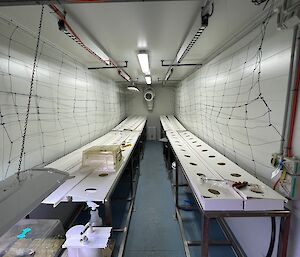 Hydroponics trays sit on steel frames ready for new plants.