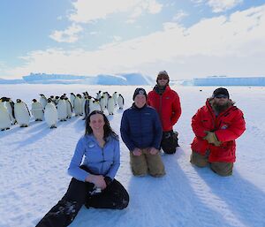 A woman and three men are sittiing or kneeling on the sea ice looking at the camera. Just behind them is a large group of emperor penguins and in the distance large icebergs can be seen on the horizon.