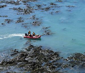 a red dinghy in translucent green water, with rocks around