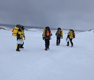 Four expeditioners in survival attire navigating the Antarctic with map and compass