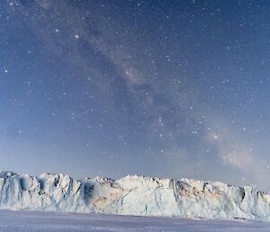 The cliffed edge of a glacier with a star filled sky above it - a ribbon of white stars cuts diagonally across the image - this is the Milky Way.