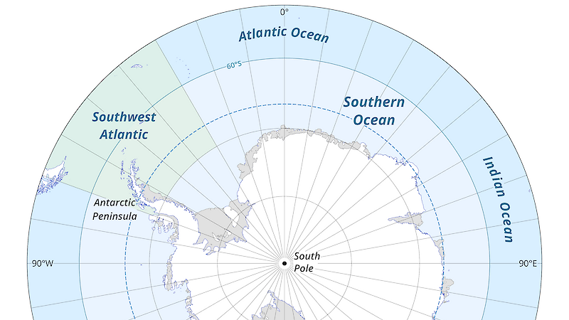 A map of Antarctica showing the location of the Southwest Atlantic sector.