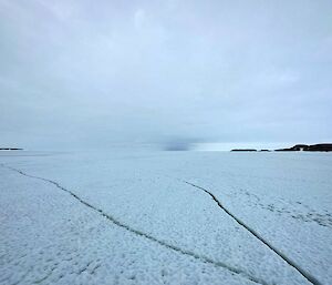 Two cracks in the sea ice run away from the camera towards an overcast horizon.