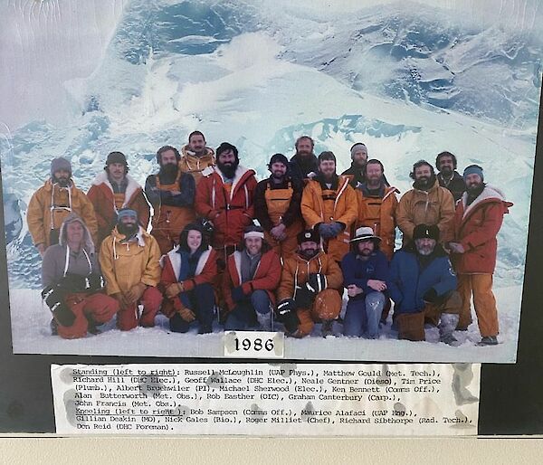 An old photo from 1986 of expeditioners with an icy backdrop