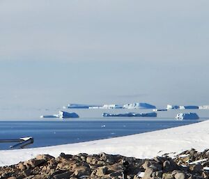 Icebergs look like they are floating in air as the horizon blends sea and sky