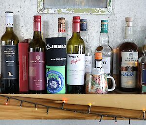 A line of liquor bottles on a shelf.