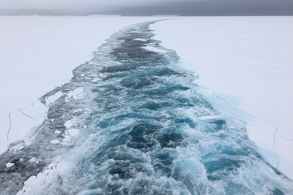 A channel of water is carved through ice behind the icebreaker Nuyina.