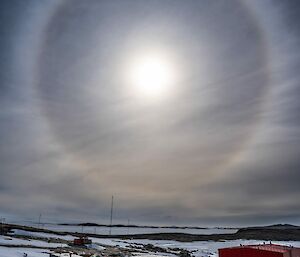 A halo is visible around the sun above a number of coloured station buildings on a rocky, snow and ice covered landscape.