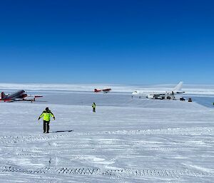 A319 and two Basler aircraft parked on the ice runway at Wilkins aerodrome