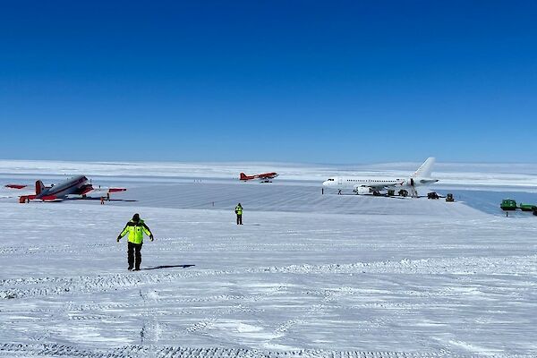 A319 and two Basler aircraft parked on the ice runway at Wilkins aerodrome