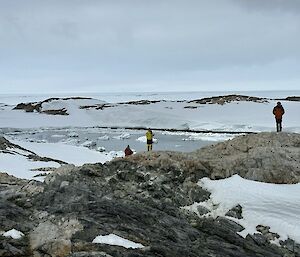 Remediation scientists standing on rocks overlooking a cove with icebergs floating in it