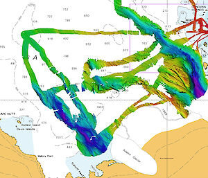 A coloured map of underwater terrain off the Antarctic coast, with colours representing different depths