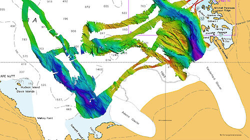 A coloured map of underwater terrain off the Antarctic coast, with colours representing different depths