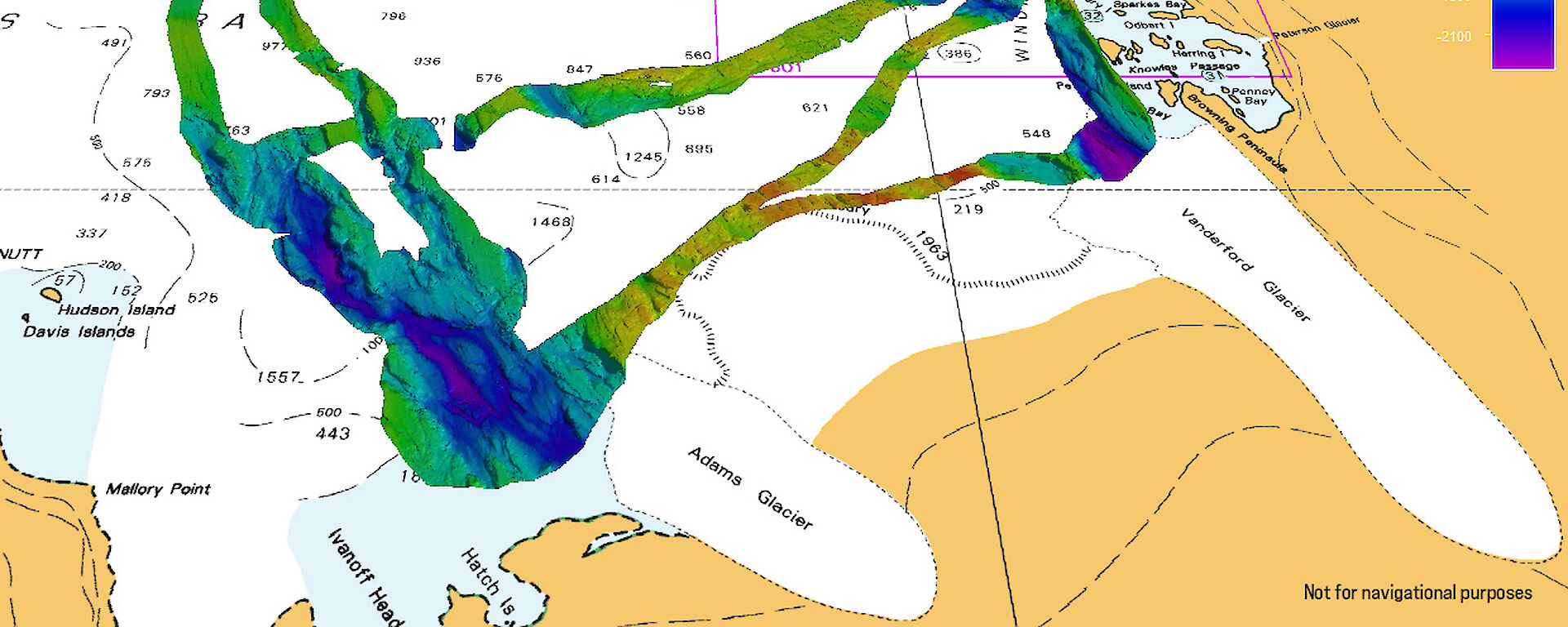 A coloured map of underwater terrain off the Antarctic coast, with colours representing different depths