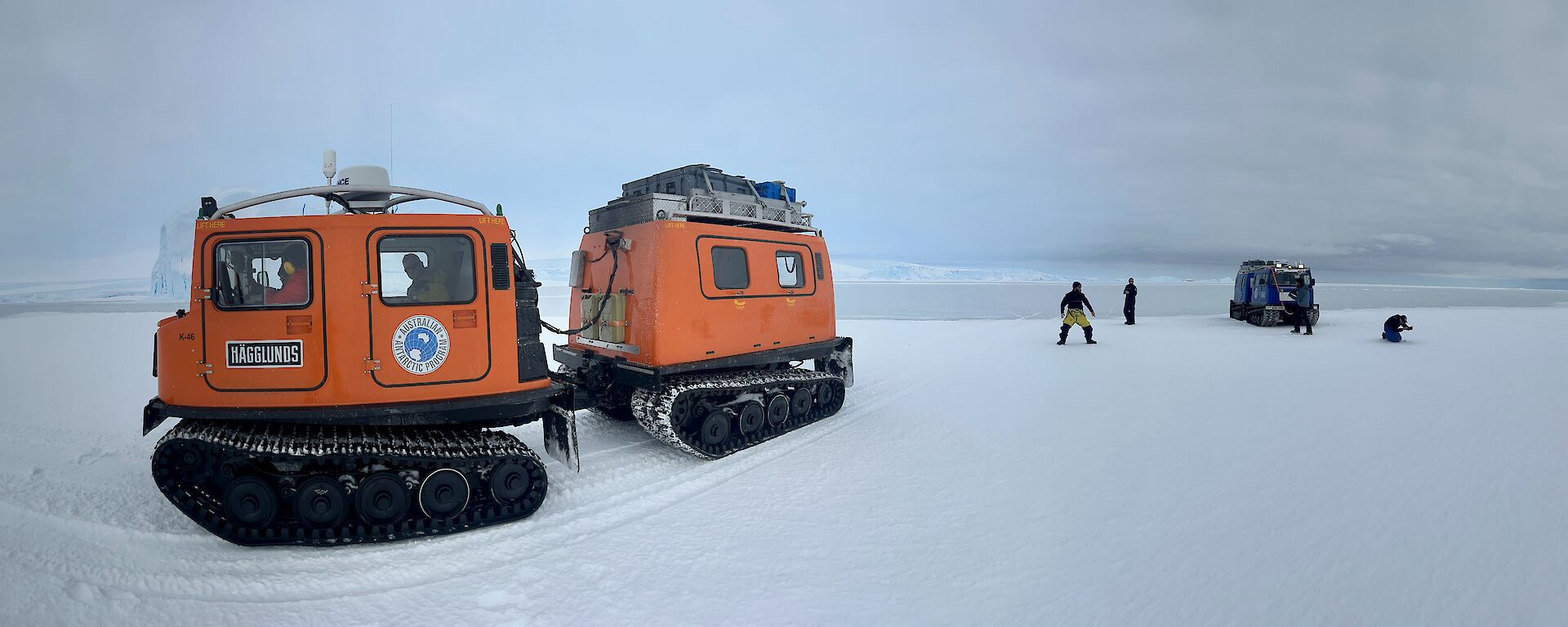 Orange and Blue Hagglunds on Seaice travelling to rookery.