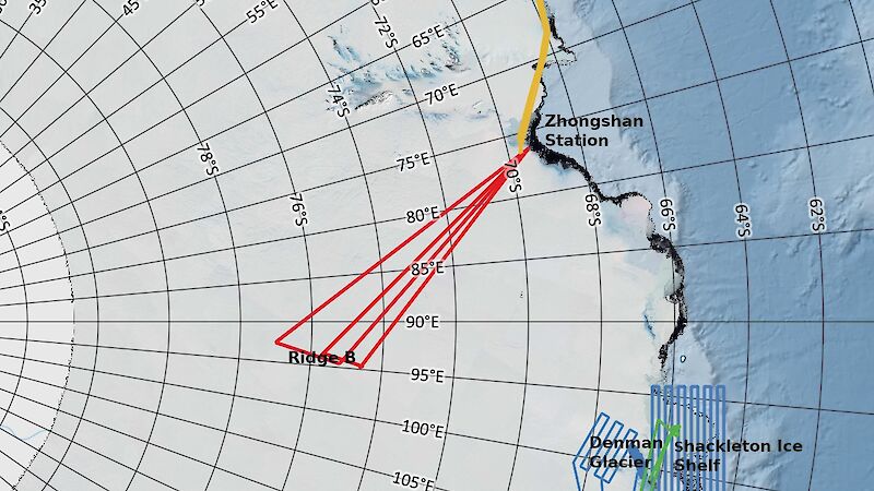 Map of Antarctica with red, green, yellow and blue lines