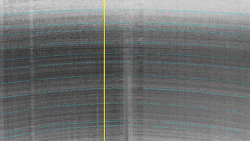 A grey-scale radargram showing lines equating to layers within the 4 km deep Antarctic ice sheet, sitting on top of a dark line of bedrock.