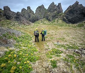 Two people standing on a grassy slope with boulders in the background