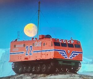 Large red tracked vehicle on cliff with blue background and full moon in background