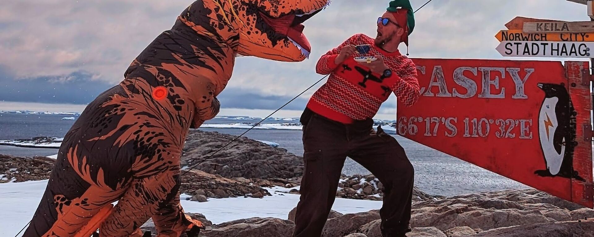 one expeditioner dressed in dinosaur costume scares another expeditioner with his tea by the Casey station sign post