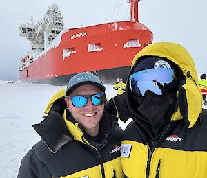 The birdcrew in front of the Nuyina at Davis station