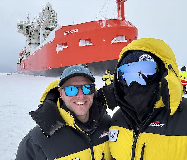 The birdcrew in front of the Nuyina at Davis station