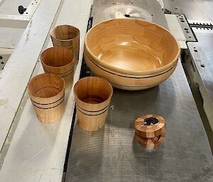 timber crafted Bowls, Cups and a compass case
