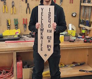 Communication officer showing newly made sign - yellow knife 12540 km 62n 114w