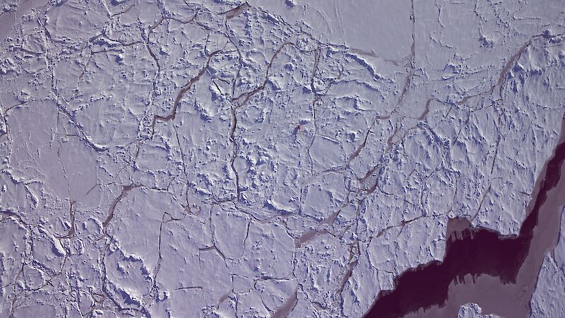 Aerial view of sea ice with cracks revealing a dark ocean beneath