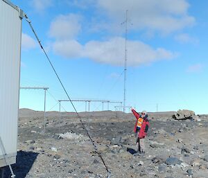 Pointing out the 20m radio mast and aerial