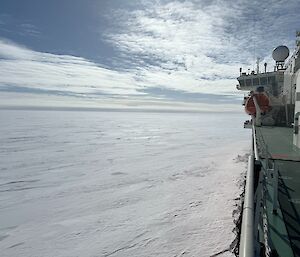 Looking down the side of Nuyina in Seaice