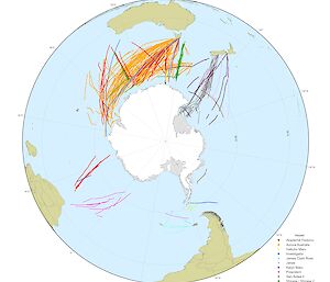Map showing all the CPR tows around Antarctica between 1991 and 2023, colour-coded by ship.