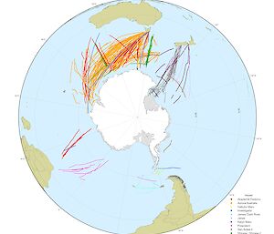 Map showing all the CPR tows around Antarctica between 1991 and 2023, colour-coded by ship