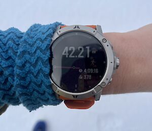 photo of smart watch recording the distance run on completion of the marathon