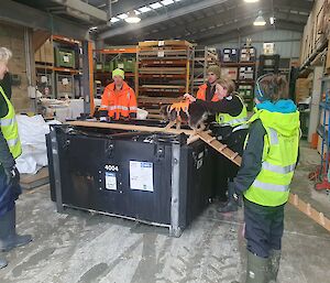 Four people stand around a large box while a dog walks up a plant to smell inside it.