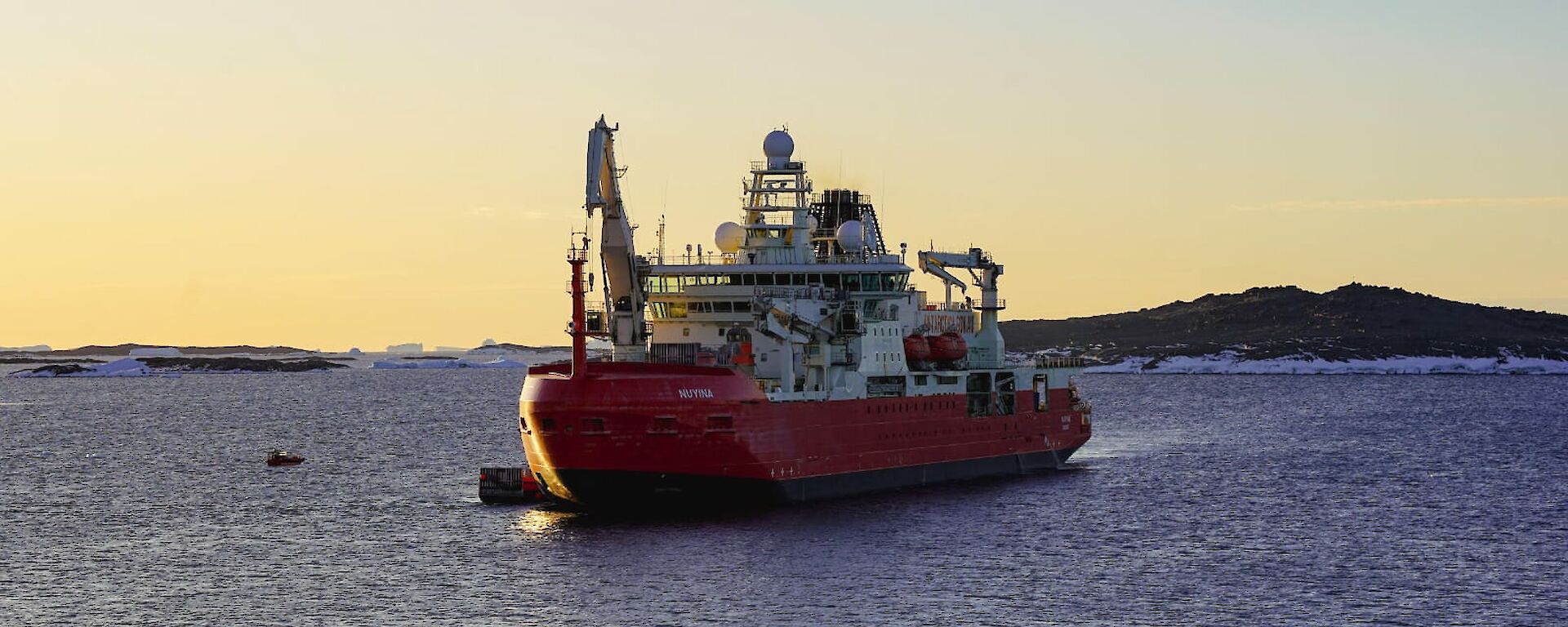 Australian research vessel Nuyina sits in a bay with sunrise behind it