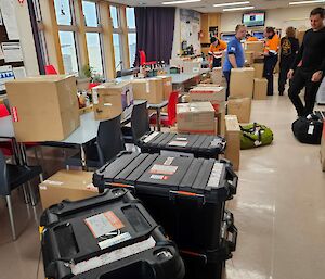 Boxes piled up in an office setting.