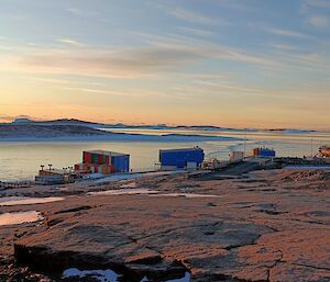 A view from the Red shed looking towards West Arm and Horseshoe Harbour with new sea ice forming on the surface of the ocean everywhere